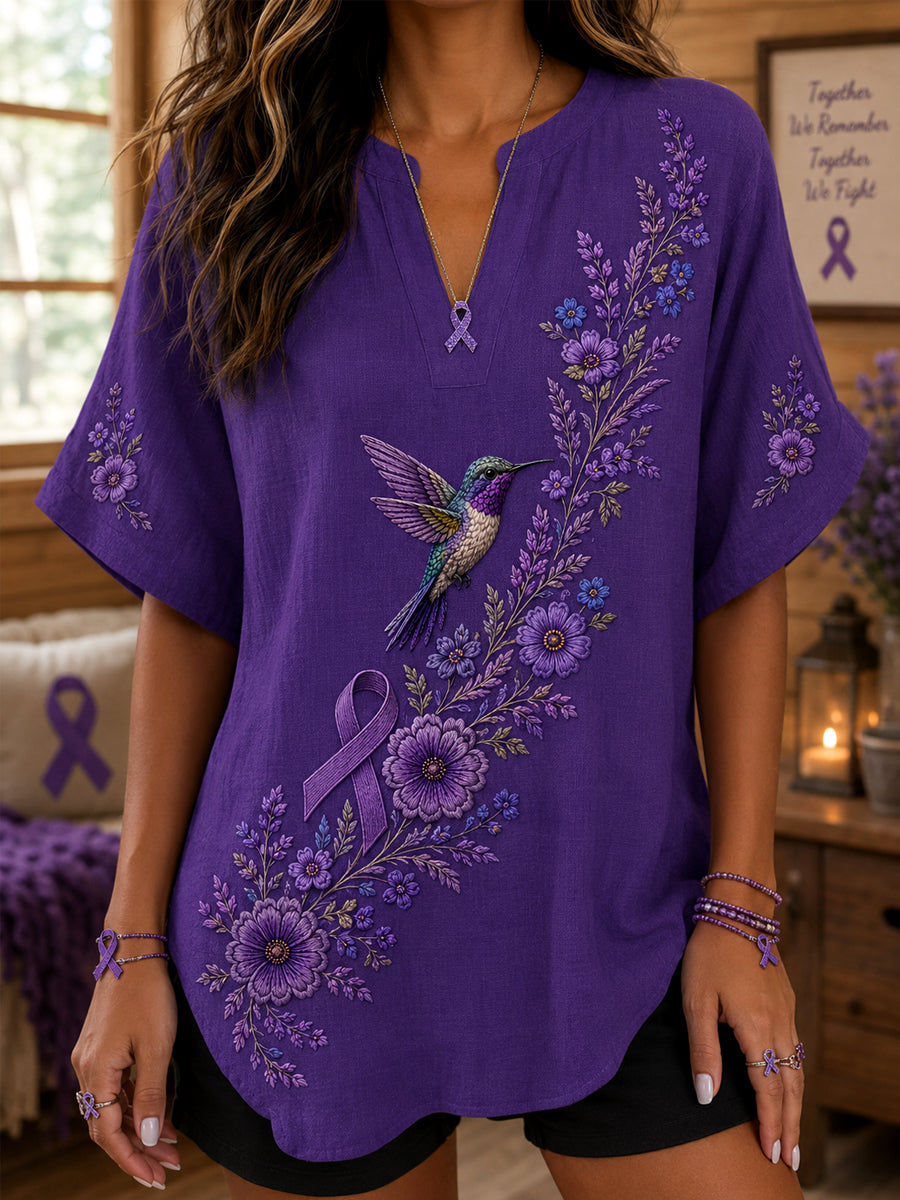 Women's Purple Floral & Hummingbird Print Alzheimer's Awareness Support V-Neck Shirt gracestitchs