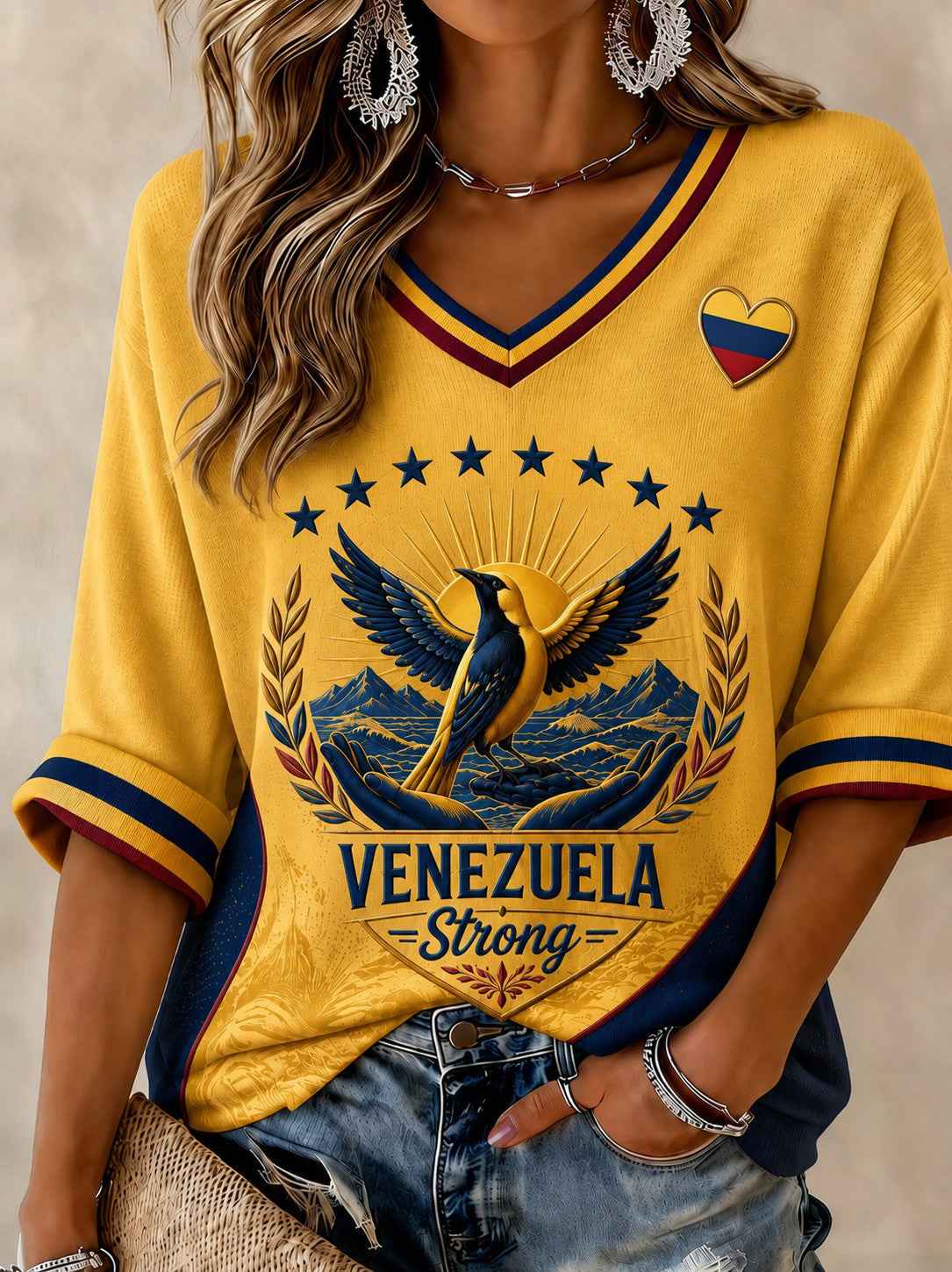 Women's Troupial Venezuela Strong Printed Mid-length Sleeves V-neck T-shirt