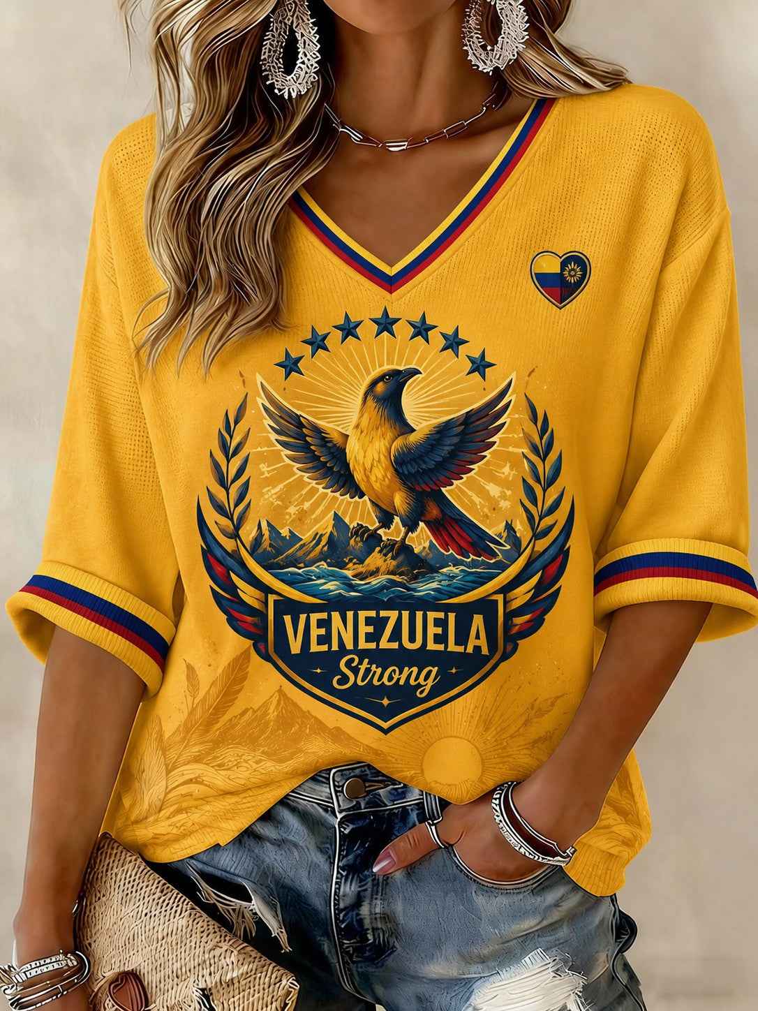 Women's Troupial Venezuela Strong Printed Mid-length Sleeves V-neck T-shirt