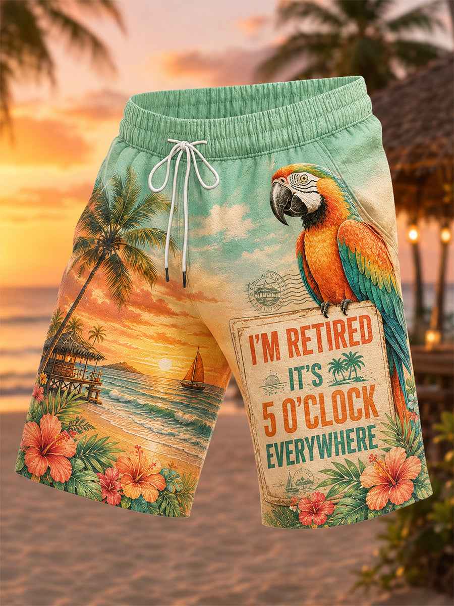 Men's I'm Retired It's 5 O'clock Everywhere Parrot Print Casual Shorts