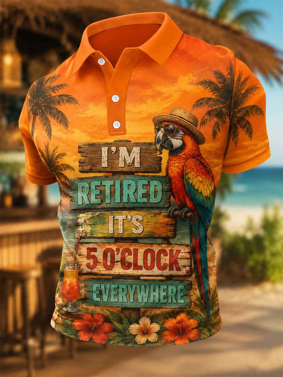 Men's I'm Retired It's 5 O'clock Everywhere Parrot Print Casual Polo
