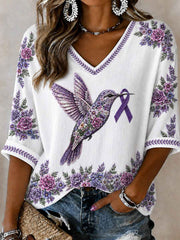 Women's Alzheimer's Awareness Support Purple Floral & Hummingbird Print Linen V-Neck Shirt