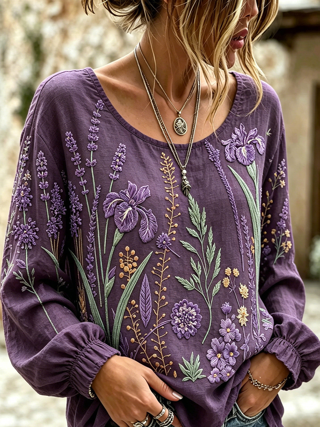 Women's Purple Plant Flower Pattern Printed Casual Cotton-Linen Shirt gracestitchs