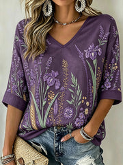 Women's Purple Plant Pattern Printed Mid-length Sleeves V-Neck T-Shirt gracestitchs