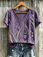 Women's purple plant flower pattern printed casual T-shirt gracestitchs