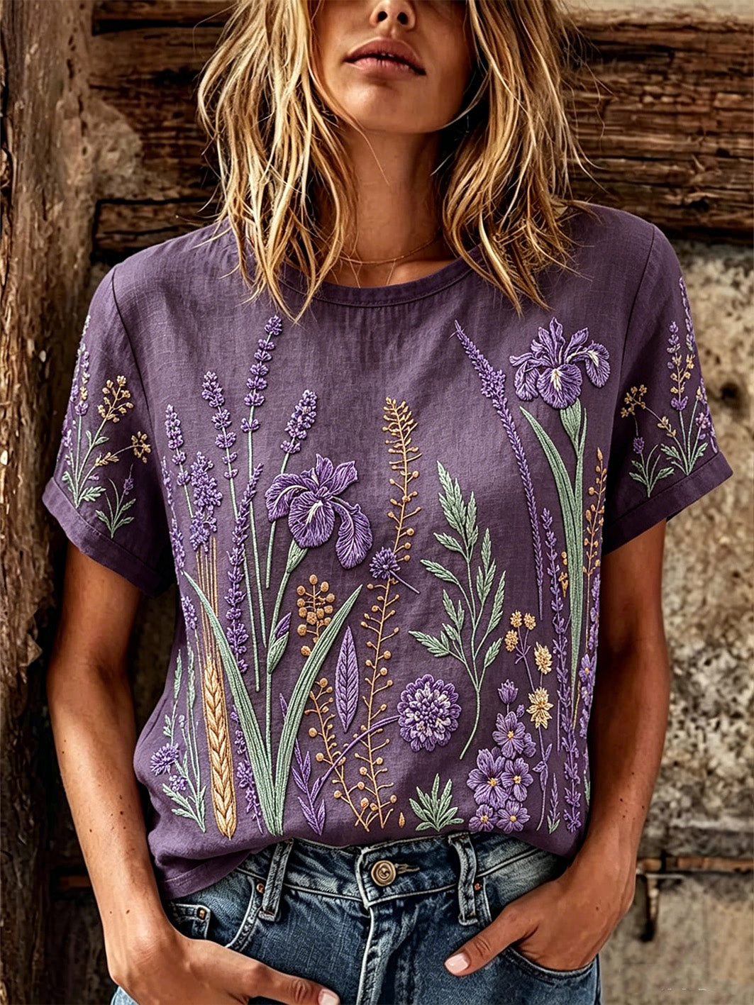 Women's purple plant flower pattern printed casual linen short-sleeved T-shirt gracestitchs