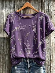 Women's Purple Plant Flower Pattern Printed Casual Short-Sleeved T-shirt gracestitchs