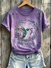 Women's Memory & Awareness Purple Ribbon Hummingbird Print Short-sleeved T-shirt gracestitchs