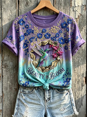 Women's Beauty In Bloom Hummingbird Floral Print Short-sleeved T-shirt gracestitchs