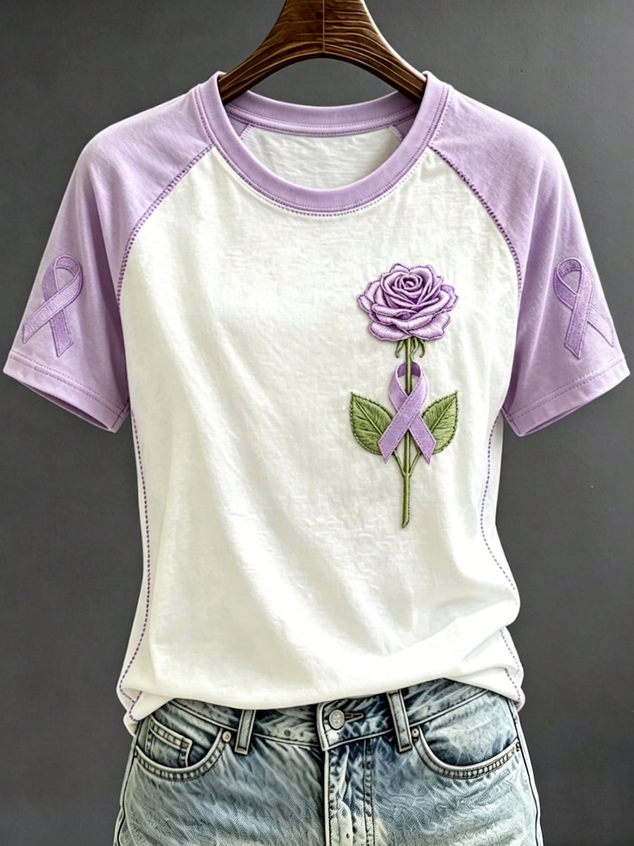 Women's Purple Ribbon Rose Print Contrast Sleeve Round Neck T-shirt gracestitchs