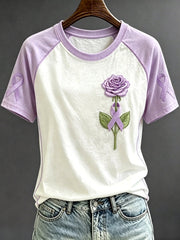 Women's Purple Ribbon Rose Print Contrast Sleeve Round Neck T-shirt gracestitchs