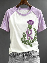 Women's Purple Ribbon Scottish Thistle Print Contrast Sleeve Round Neck T-shirt gracestitchs