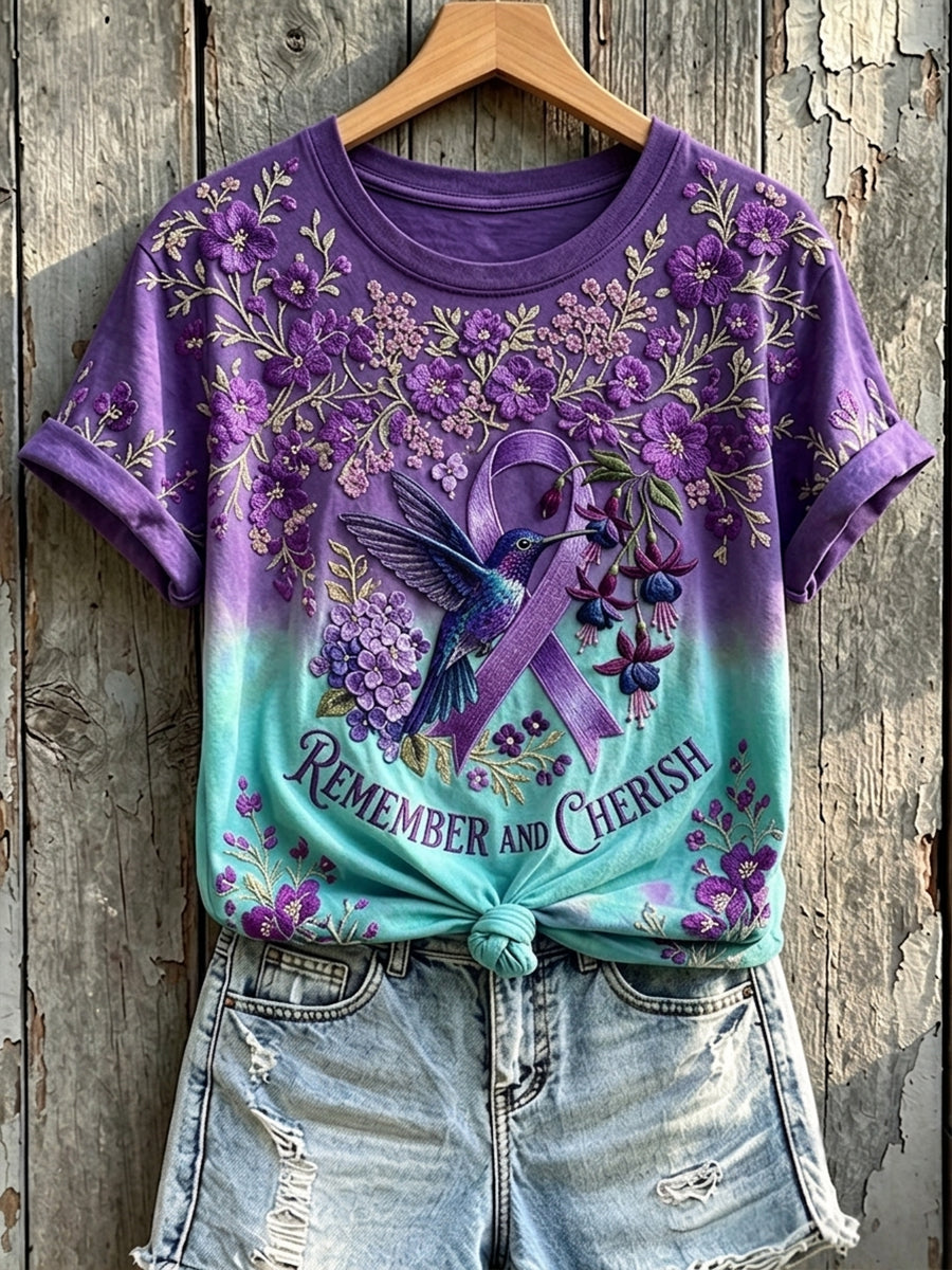 Women's Remember And Cherish Purple Ribbon Hummingbird Print Short-sleeved T-shirt gracestitchs