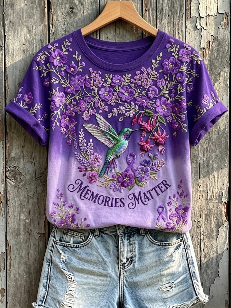 Women's Memories Matter Purple Ribbon Hummingbird Print Short-sleeved T-shirt gracestitchs