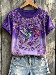 Women's Memories Matter Purple Ribbon Hummingbird Print Short-sleeved T-shirt gracestitchs