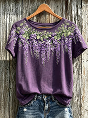 Women's Purple Plant Flower Pattern Printed Casual Short-Sleeved T-shirt gracestitchs