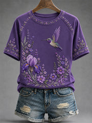 Women's Purple Floral & Hummingbird Print Alzheimer's Awareness Support Tee gracestitchs