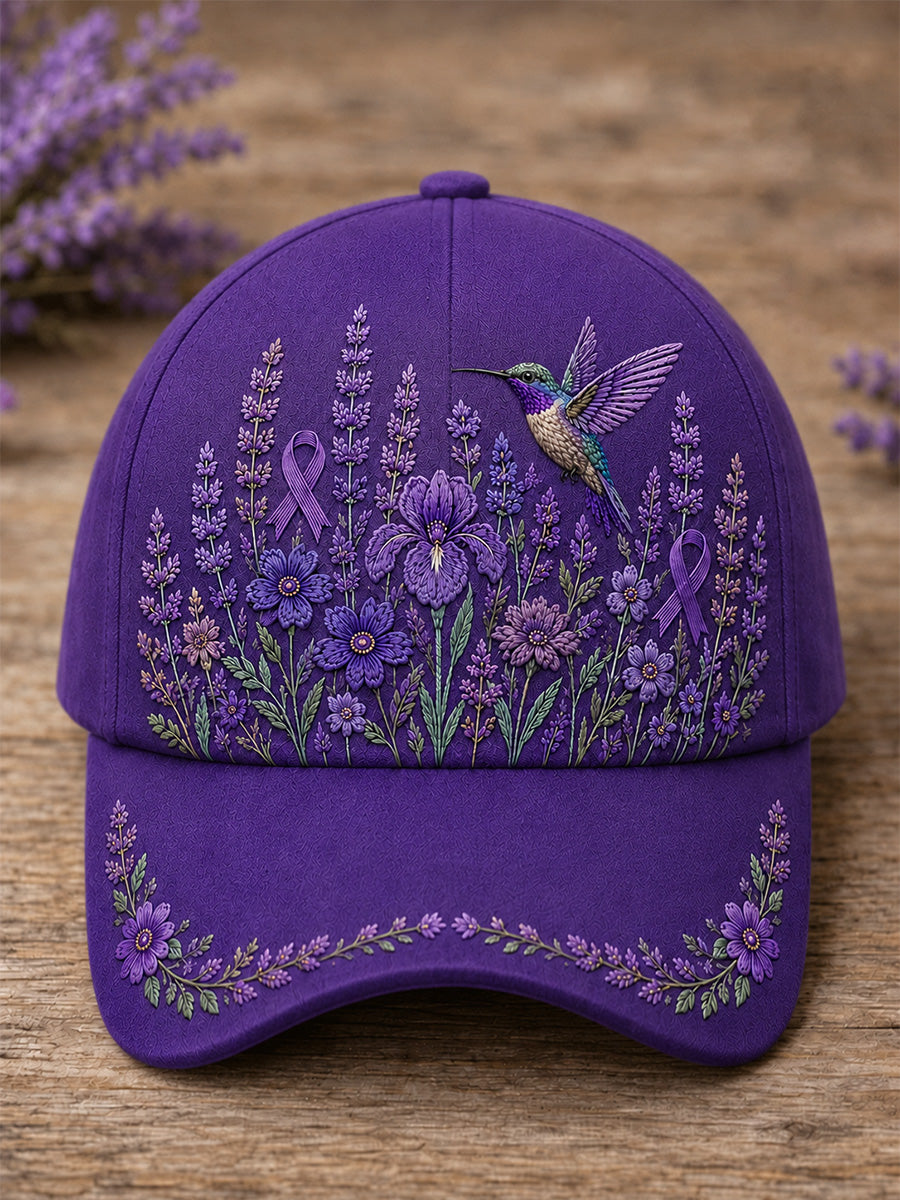 Unisex Purple Floral & Hummingbird Print Alzheimer's Awareness Support Hat gracestitchs