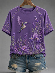 Women's Purple Floral & Hummingbird Print Alzheimer's Awareness Support Tee gracestitchs