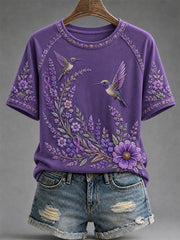 Women's Purple Floral & Hummingbird Print Alzheimer's Awareness Support Tee gracestitchs
