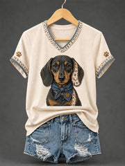 Women's Retro Patchwork Dog Print V-Neck Tee gracestitchs
