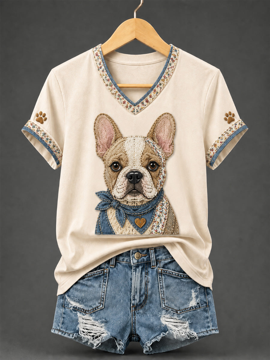 Women's Retro Patchwork Dog Print V-Neck Tee gracestitchs