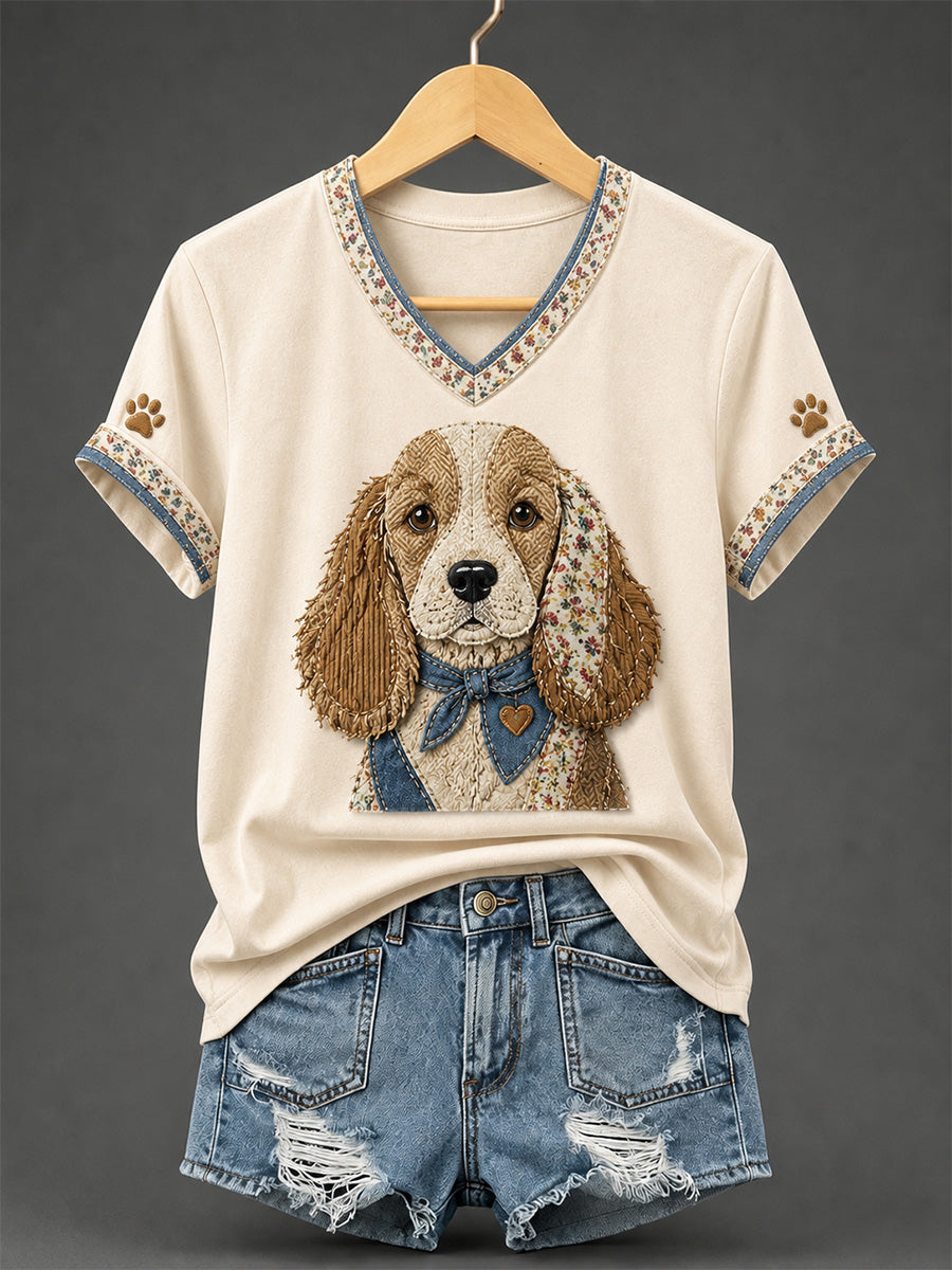 Women's Retro Patchwork Dog Print V-Neck Tee gracestitchs