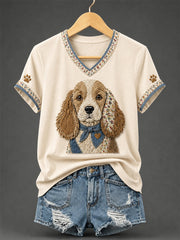 Women's Retro Patchwork Dog Print V-Neck Tee gracestitchs