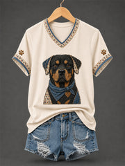 Women's Retro Patchwork Dog Print V-Neck Tee gracestitchs
