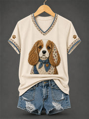 Women's Retro Patchwork Dog Print V-Neck Tee gracestitchs