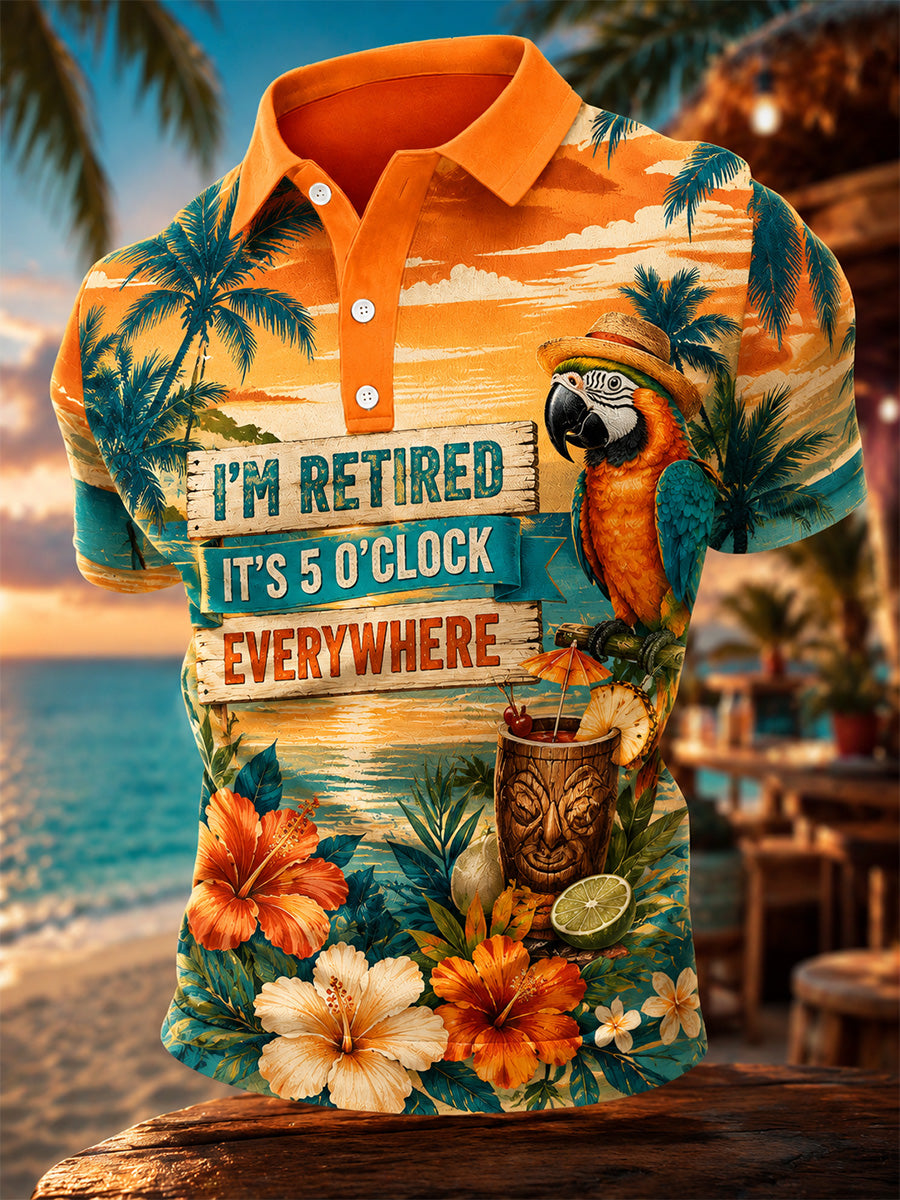 Men's I'm Retired It's 5 O'clock Everywhere Parrot Print Casual Polo gracestitchs