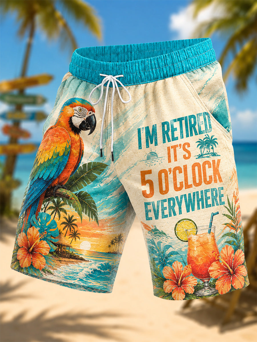 Men's I'm Retired It's 5 O'clock Everywhere Parrot Print Casual Shorts gracestitchs