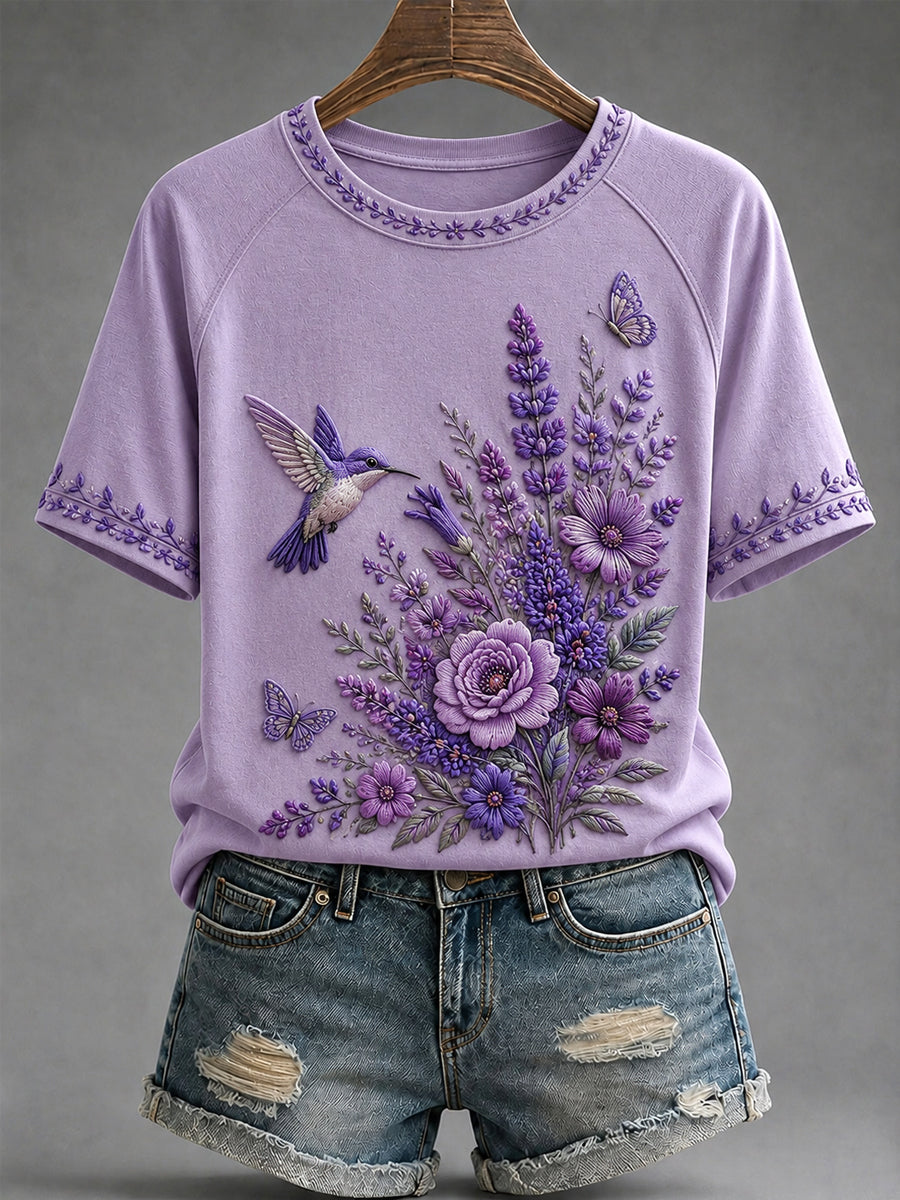 Women's Purple Floral & Hummingbird Print Alzheimer's Awareness Support Tee gracestitchs