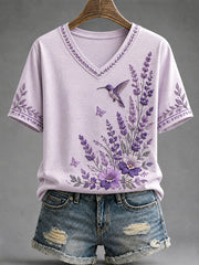 Women's Purple Floral & Hummingbird Print Alzheimer's Awareness Support V-Neck Tee gracestitchs