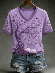 Women's Alzheimer's Awareness Dementia Support Purple Ribbon Purple Floral & Hummingbird Art Tee gracestitchs
