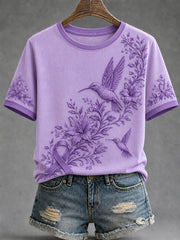 Women's Alzheimer's Awareness Dementia Support Purple Ribbon Purple Floral & Hummingbird Art Top gracestitchs