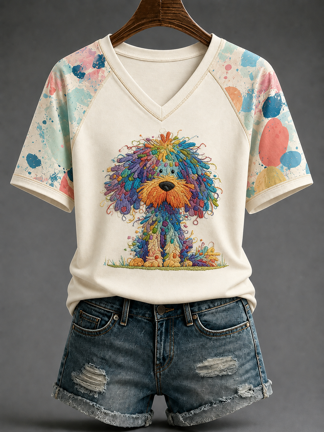 Women's Rainbow Dog V-neck Off-shoulder Short-sleeved T-shirt gracestitchs