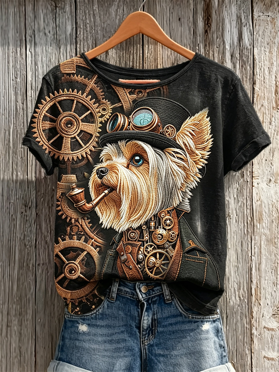 Women's Steampunk Yorkshire Terrier Dog Art Print short-sleeved T-shirt gracestitchs
