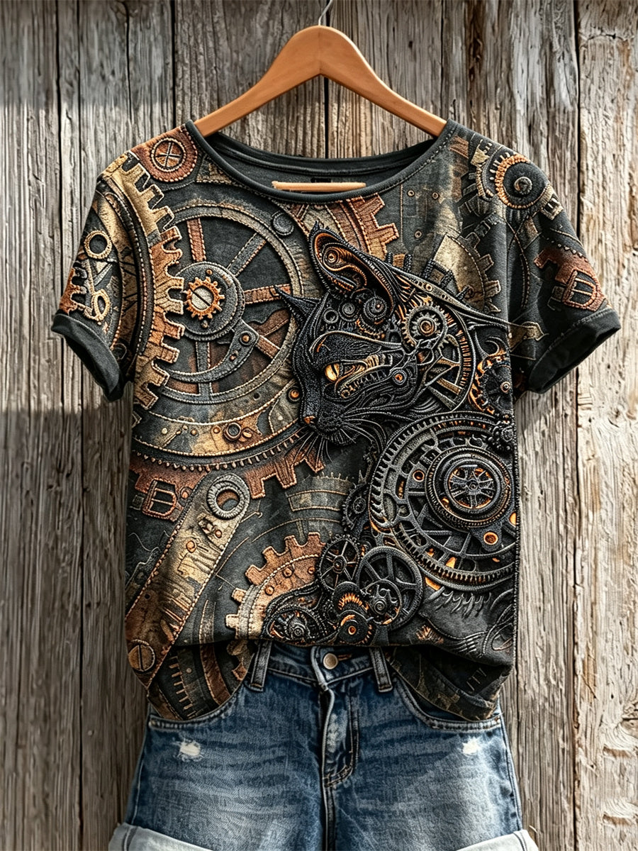 Women's Vintage Steampunk Cat Art Print short-sleeved T-shirt gracestitchs