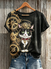 Women's Vintage Steampunk Cat Art Print short-sleeved T-shirt gracestitchs