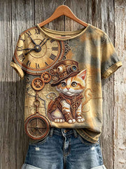 Women's Vintage Steampunk Cat Art Print short-sleeved T-shirt gracestitchs