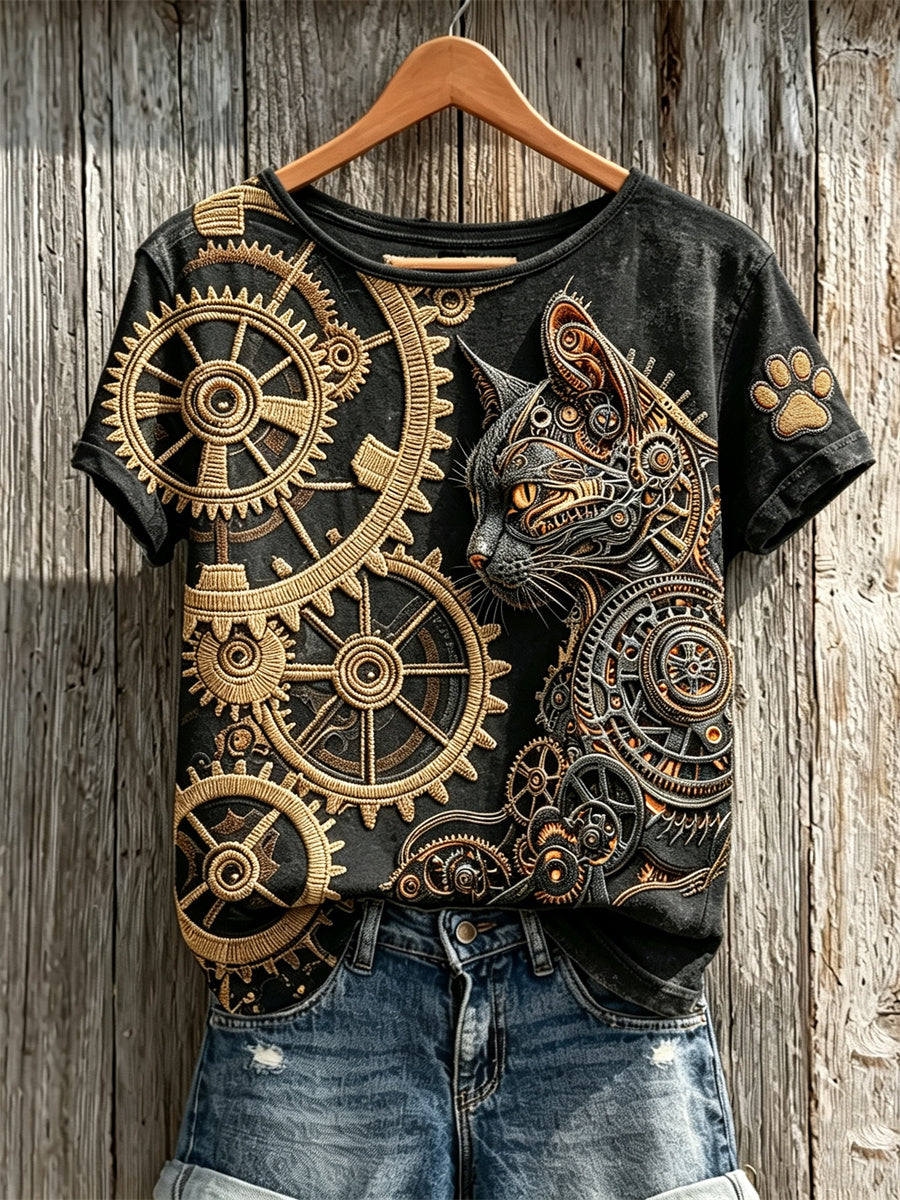 Women's Vintage Steampunk Cat Art Print short-sleeved T-shirt gracestitchs