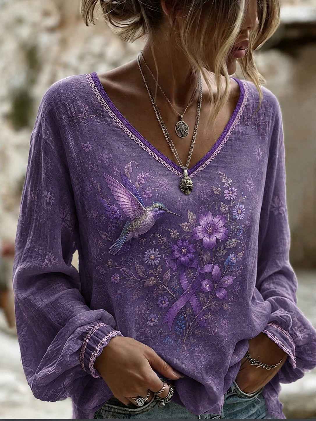 Women's Alzheimer's Awareness Printed Cotton-Linen Shirt