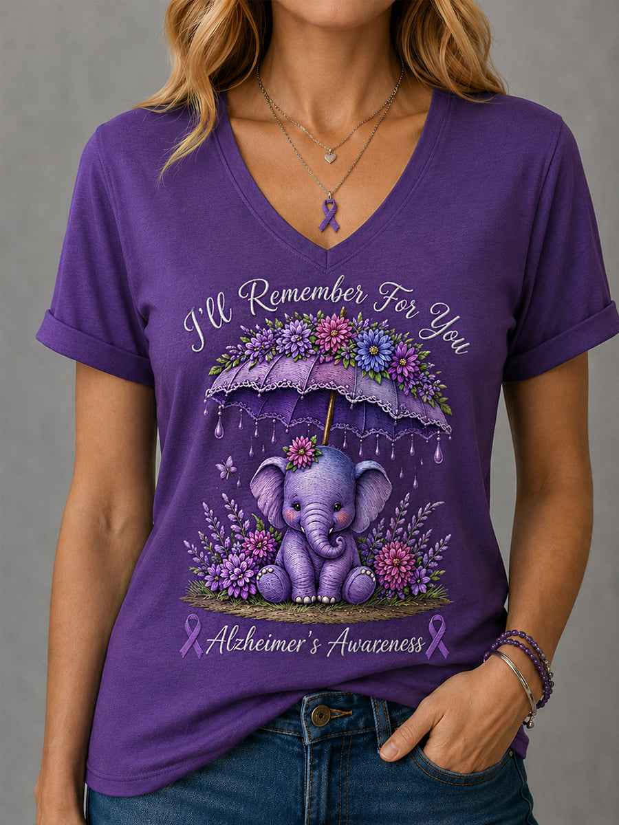 Women's I'll Remember For You Elephant Floral Print Alzheimer's Awareness Support V-Neck Tee