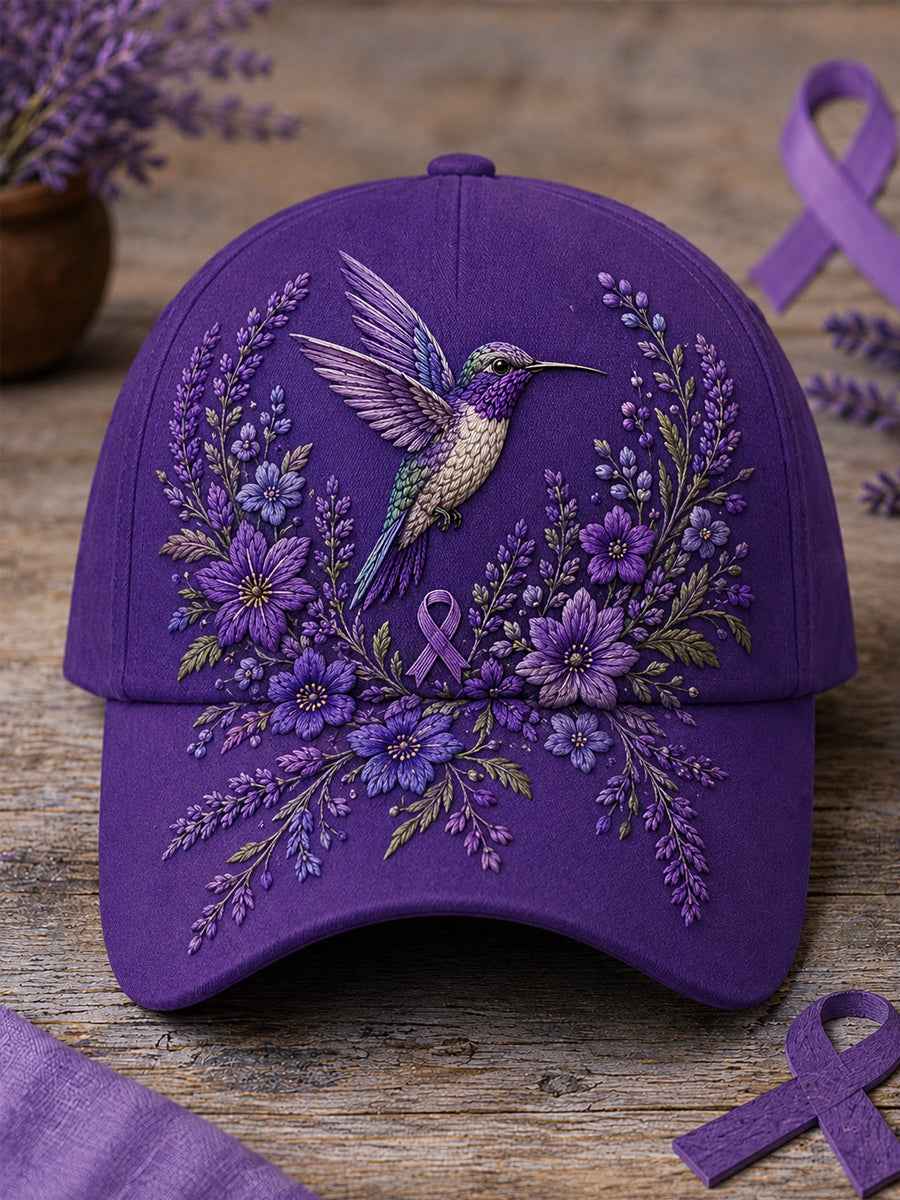 Unisex Purple Floral & Hummingbird Print Alzheimer's Awareness Support Hat