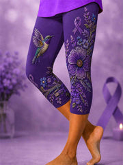Women's Purple Floral & Hummingbird Print Alzheimer's Awareness Support Cropped Leggings