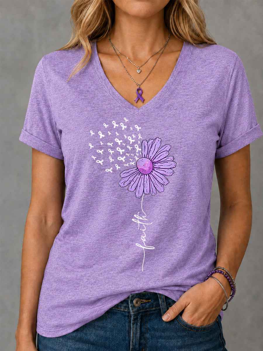 Women's Purple Ribbon Sunflower Faith Print Alzheimer's Awareness Support V-Neck Tee