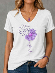 Women's Purple Ribbon Sunflower Faith Print Alzheimer's Awareness Support V-Neck Tee