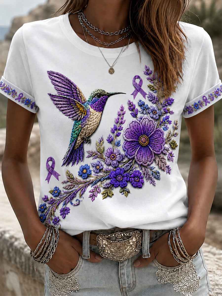 Women's Purple Floral & Hummingbird Print Alzheimer's Awareness Support Tee
