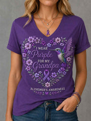 Women's Purple Floral & Hummingbird Print Alzheimer's Awareness Support V-Neck Tee